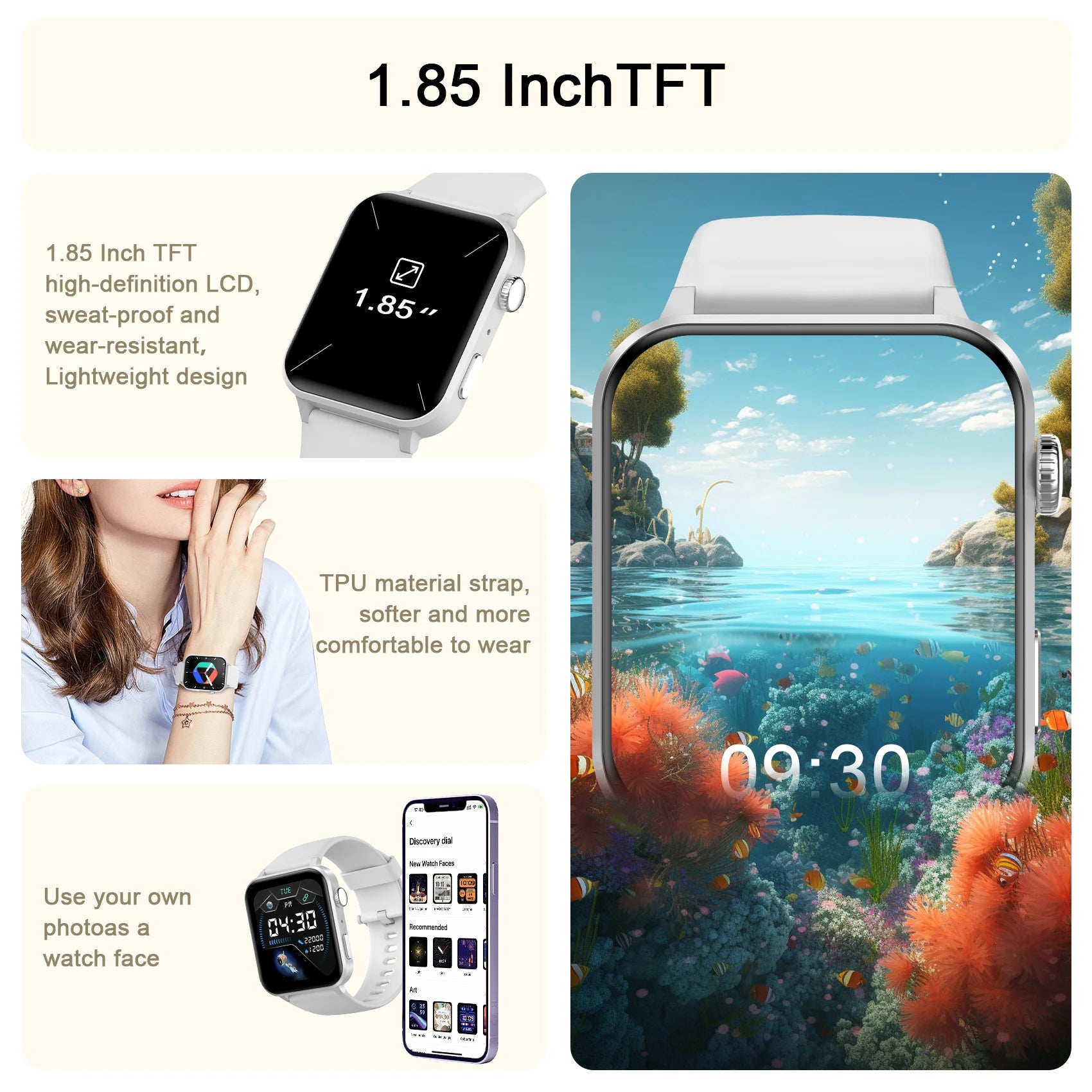 Smartwatch with 1.85-inch TFT display, underwater scene on screen, and user interface on smartphone.