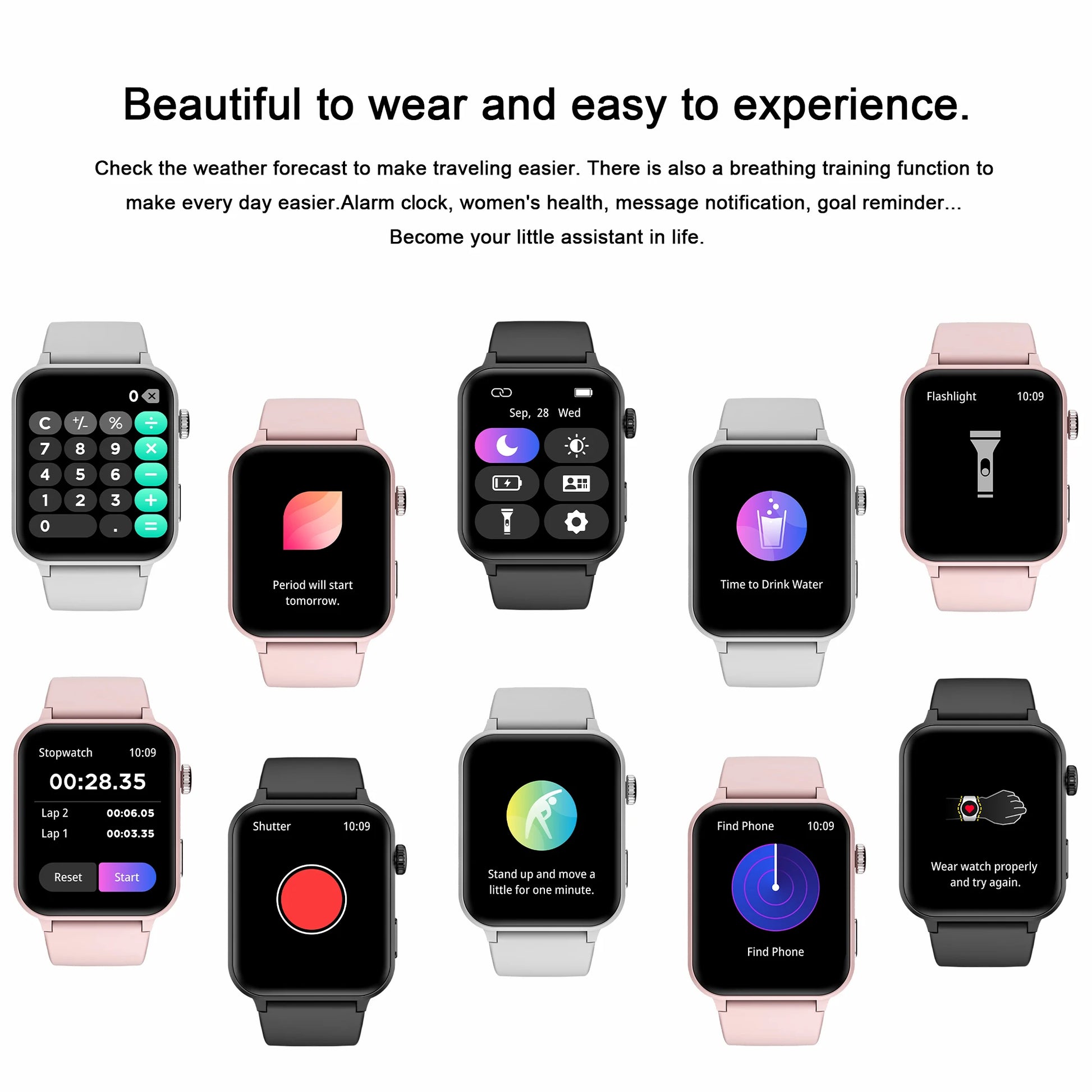 Multiple smartwatches displayed with various app icons on their screens.