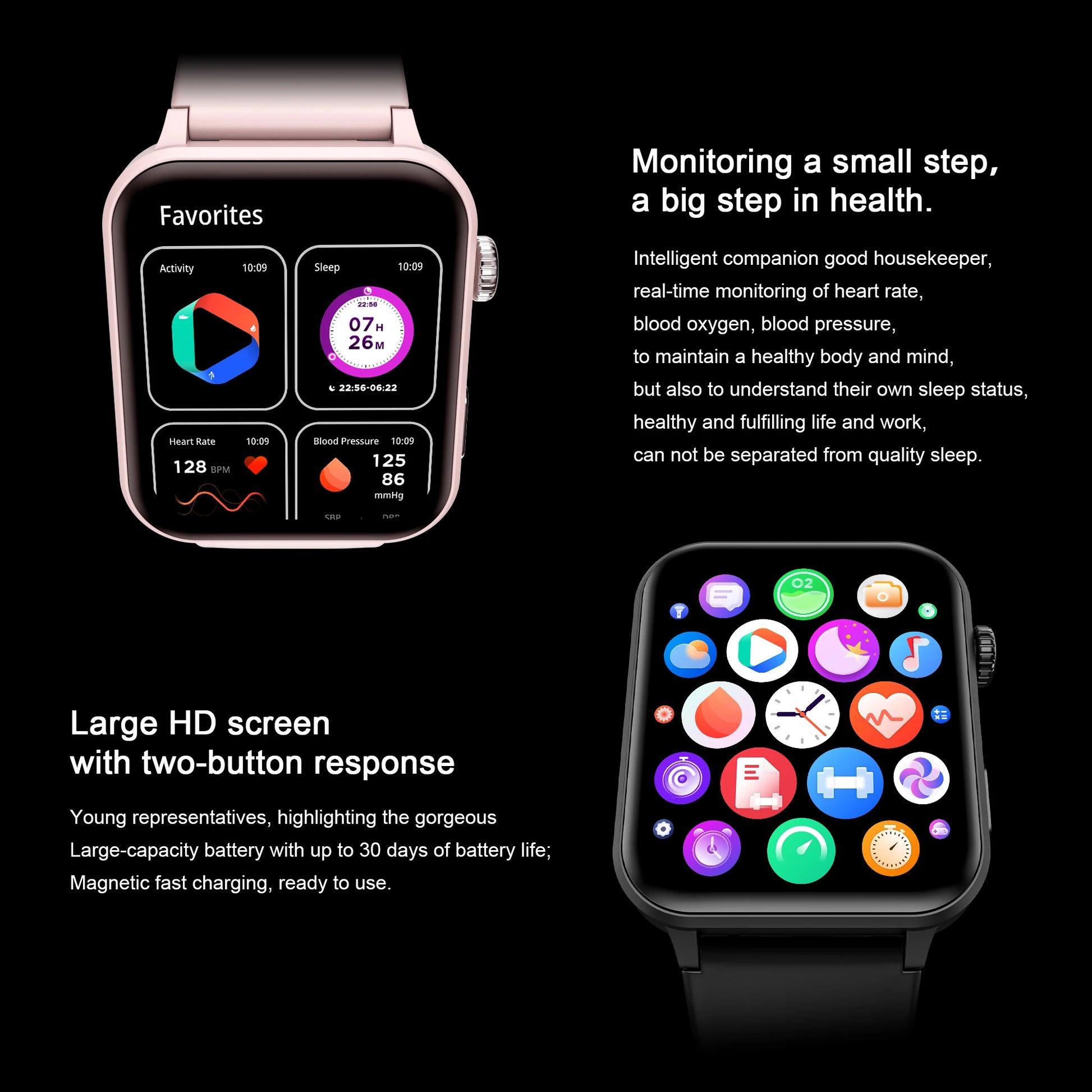Smartwatch with large HD screen and two-button response on a black background