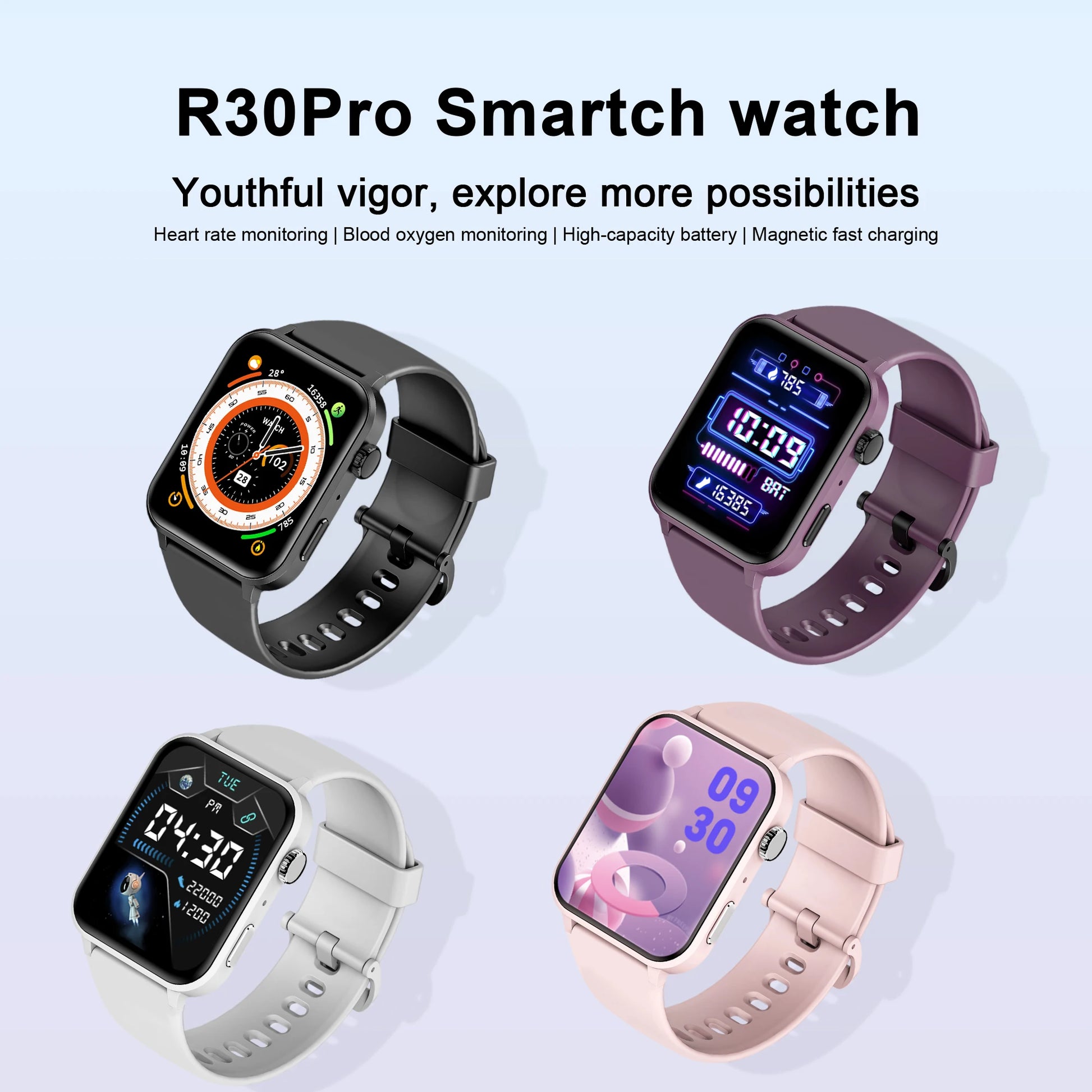 Four smartwatches displayed with features listed on a light blue background