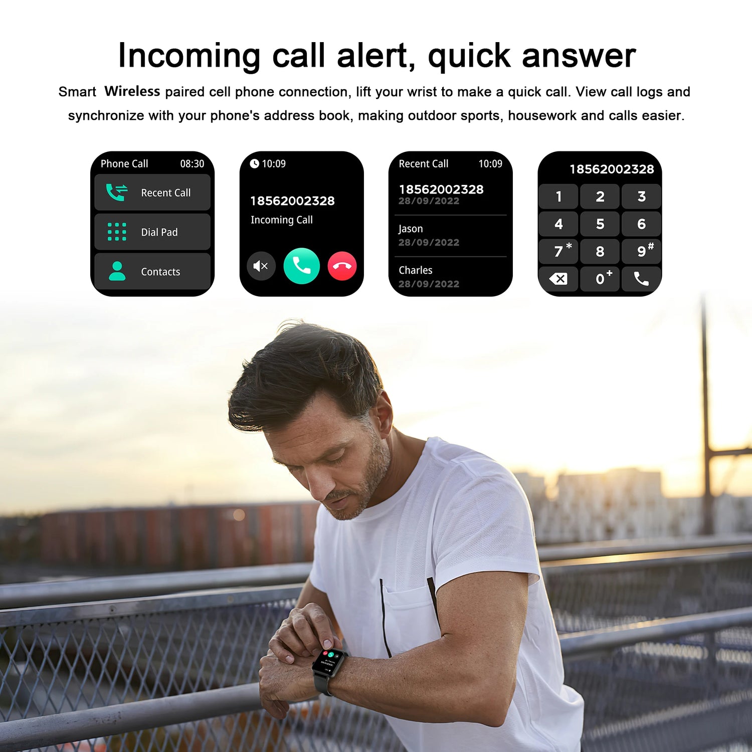 Man using a smartwatch with an incoming call alert interface displayed on screen.