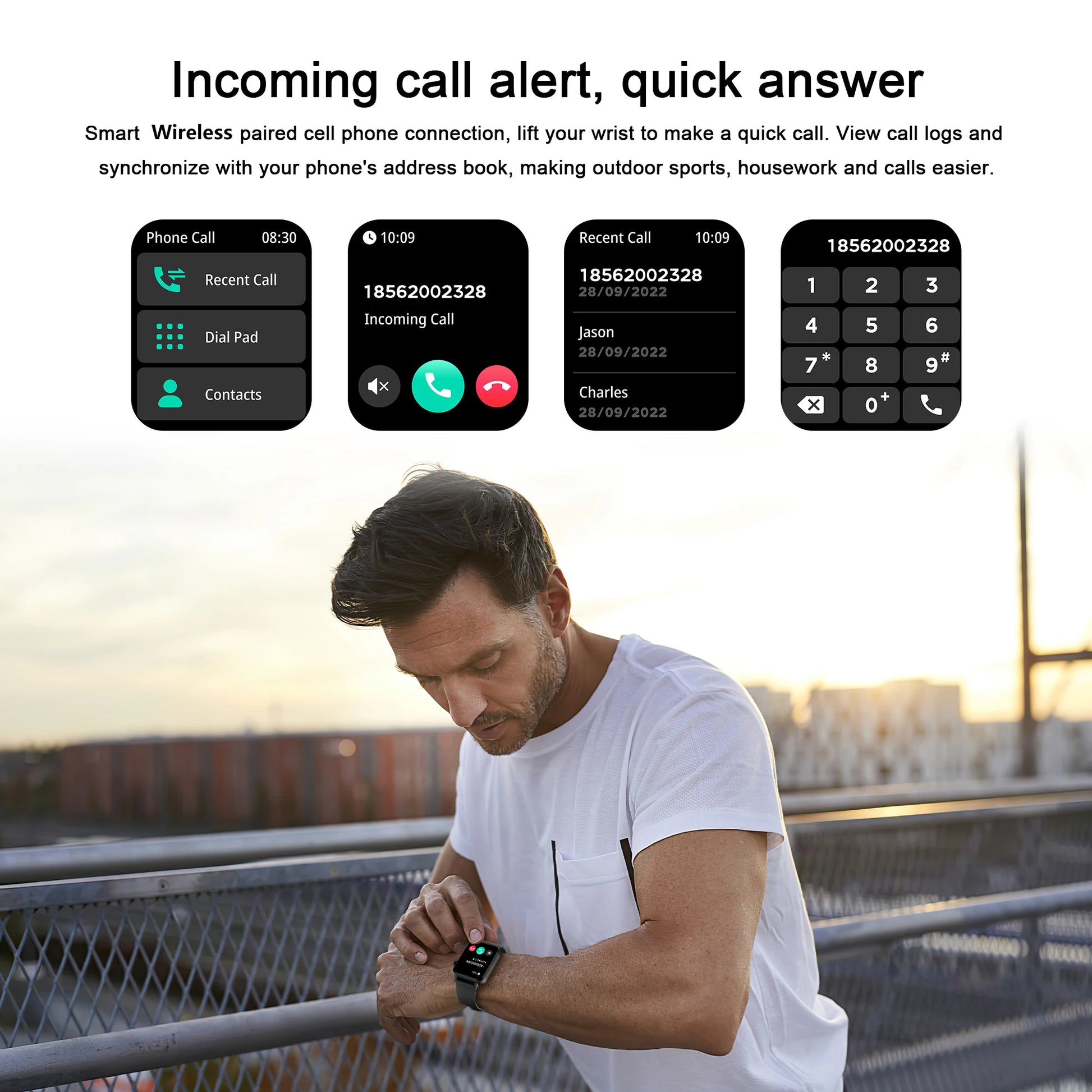 Man using a smartwatch with an incoming call alert interface displayed on screen.