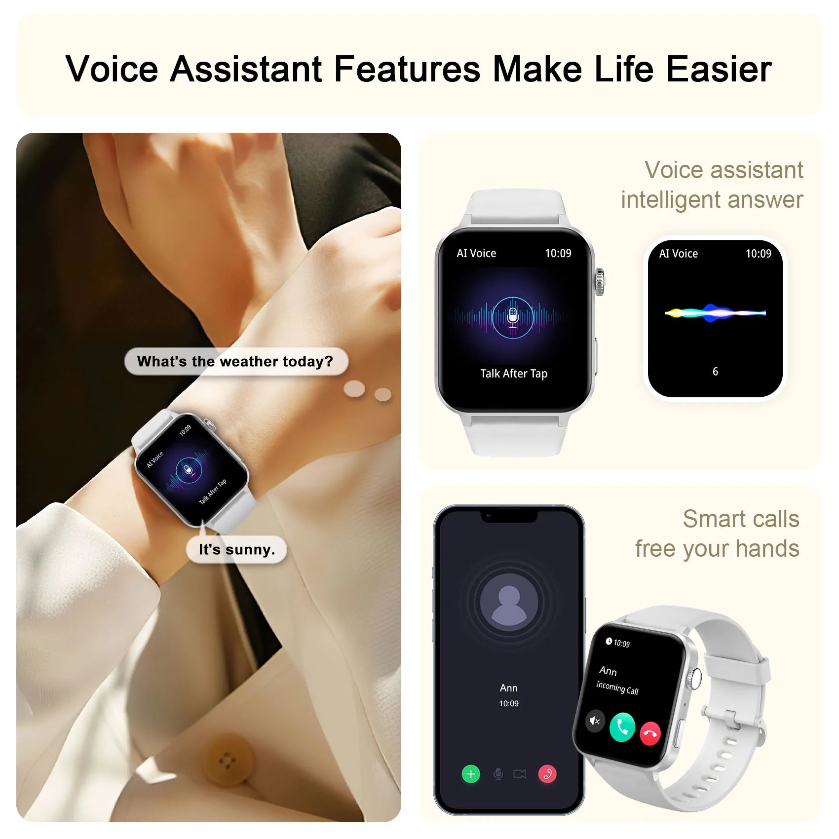 Smartwatch and phone showing voice assistant features with text 'Voice Assistant Features Make Life Easier'.