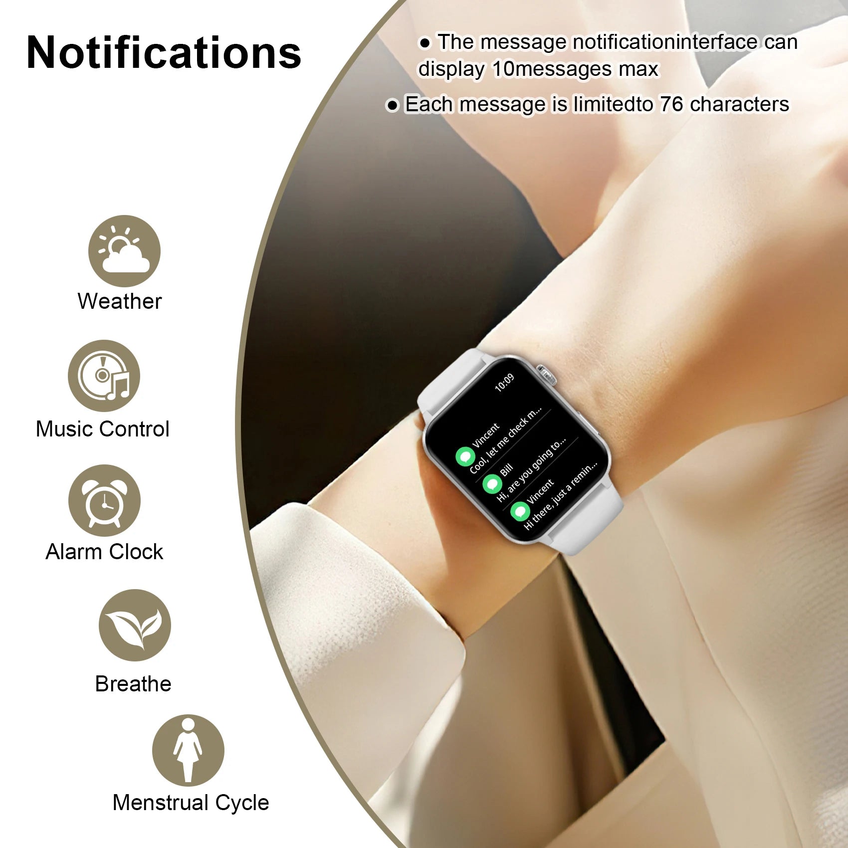 Smartwatch on a wrist with notification features displayed on the screen