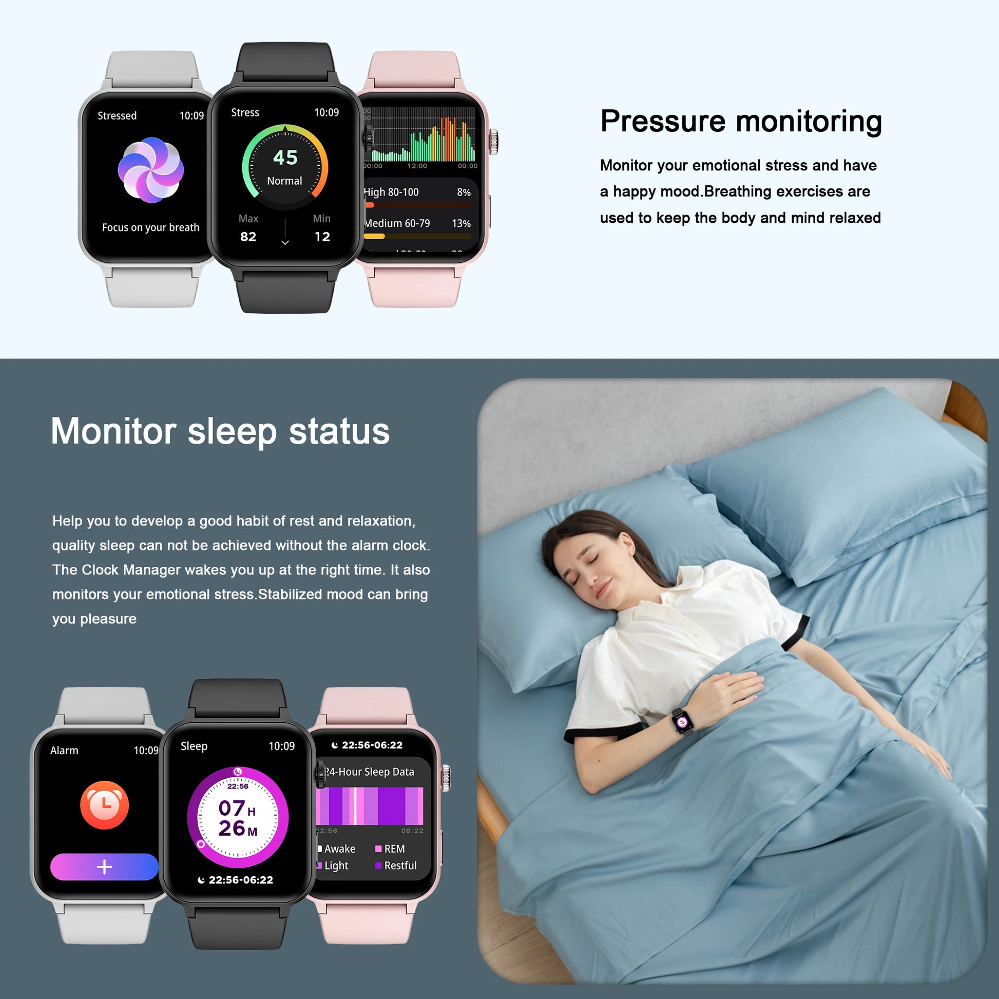 Smartwatch with pressure monitoring and sleep status display, shown on a person sleeping.
