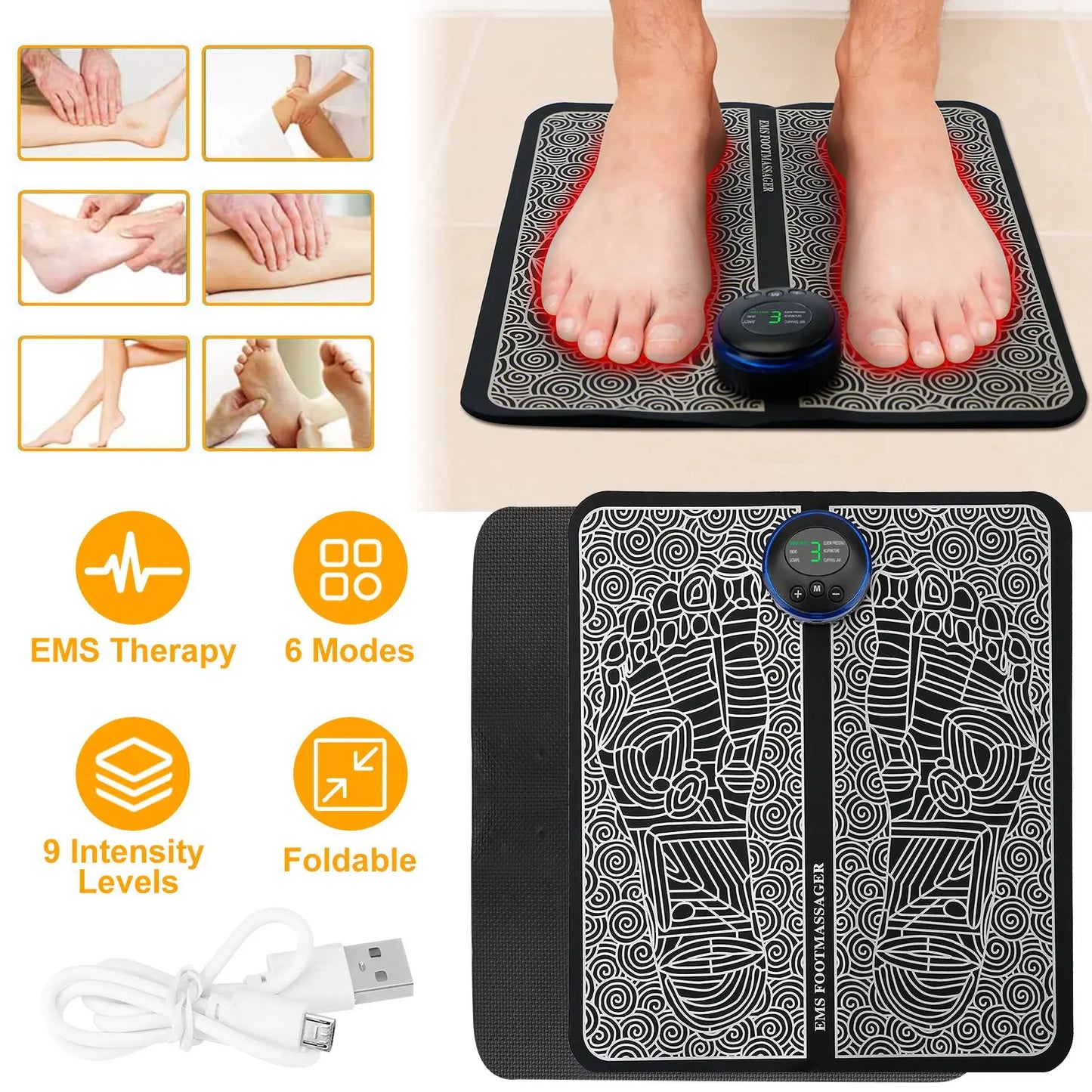 Electric EMS Foot Massager Pad Muscle Stimulator Foldable Cushion 8 Modes 19 Levels Improve Blood Circulation Relief Pain