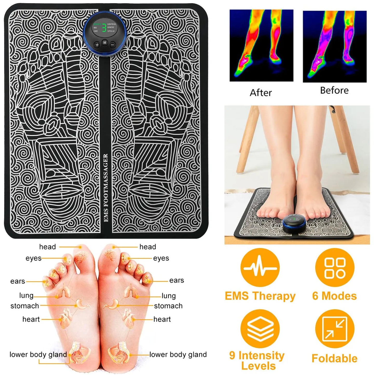Electric EMS Foot Massager Pad Muscle Stimulator Foldable Cushion 8 Modes 19 Levels Improve Blood Circulation Relief Pain