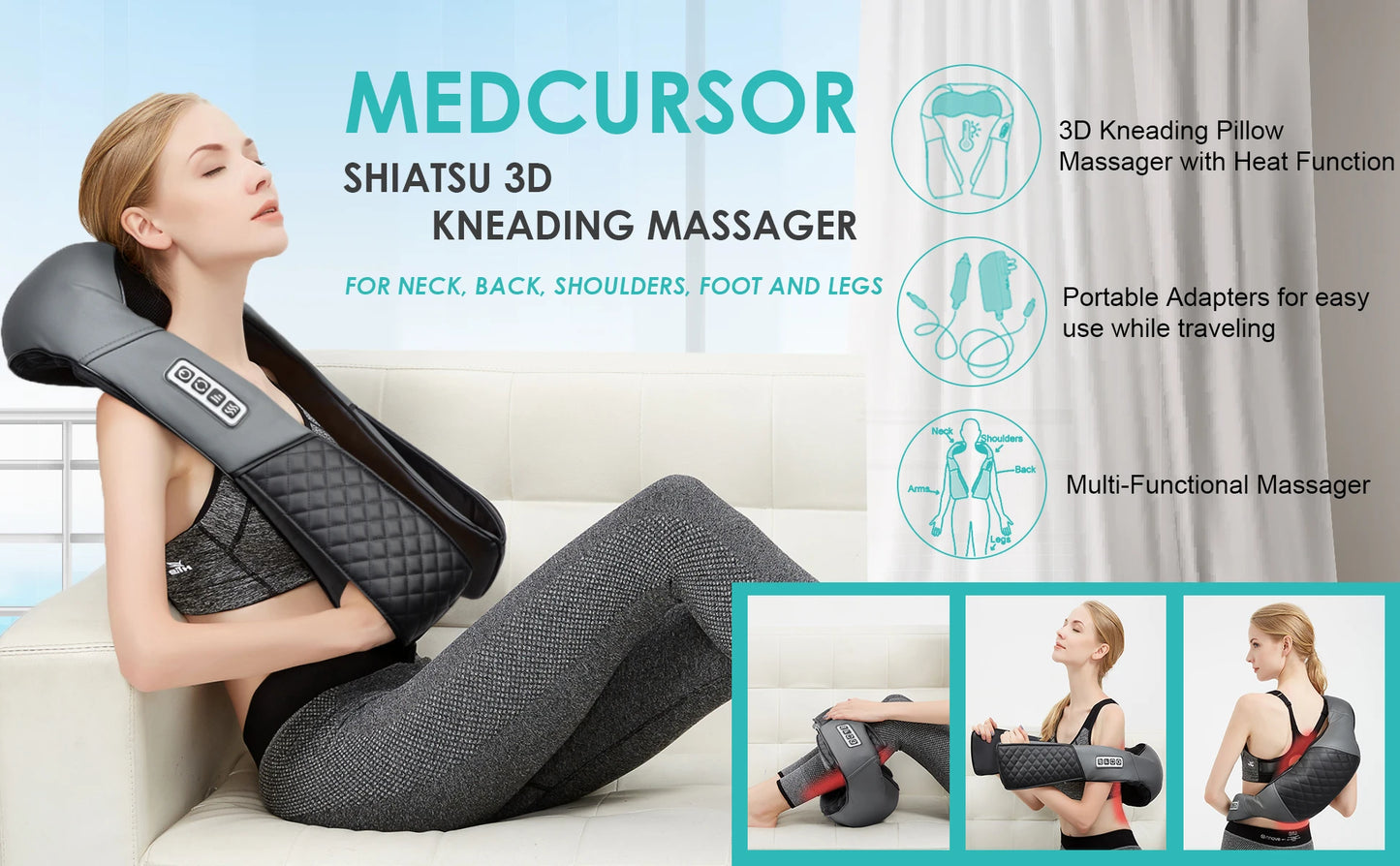 Medcursor Shiatsu Neck & Shoulder Massager with Heat — Deep Kneading Back & Neck Massager