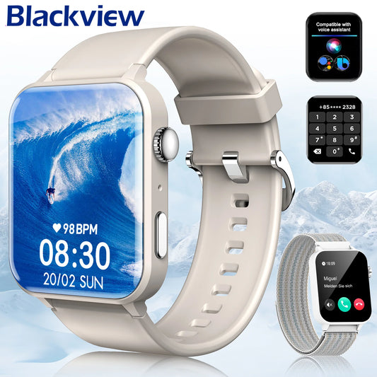 Smartwatch with a blue screen displaying time and heart rate, branded 'Blackview'.