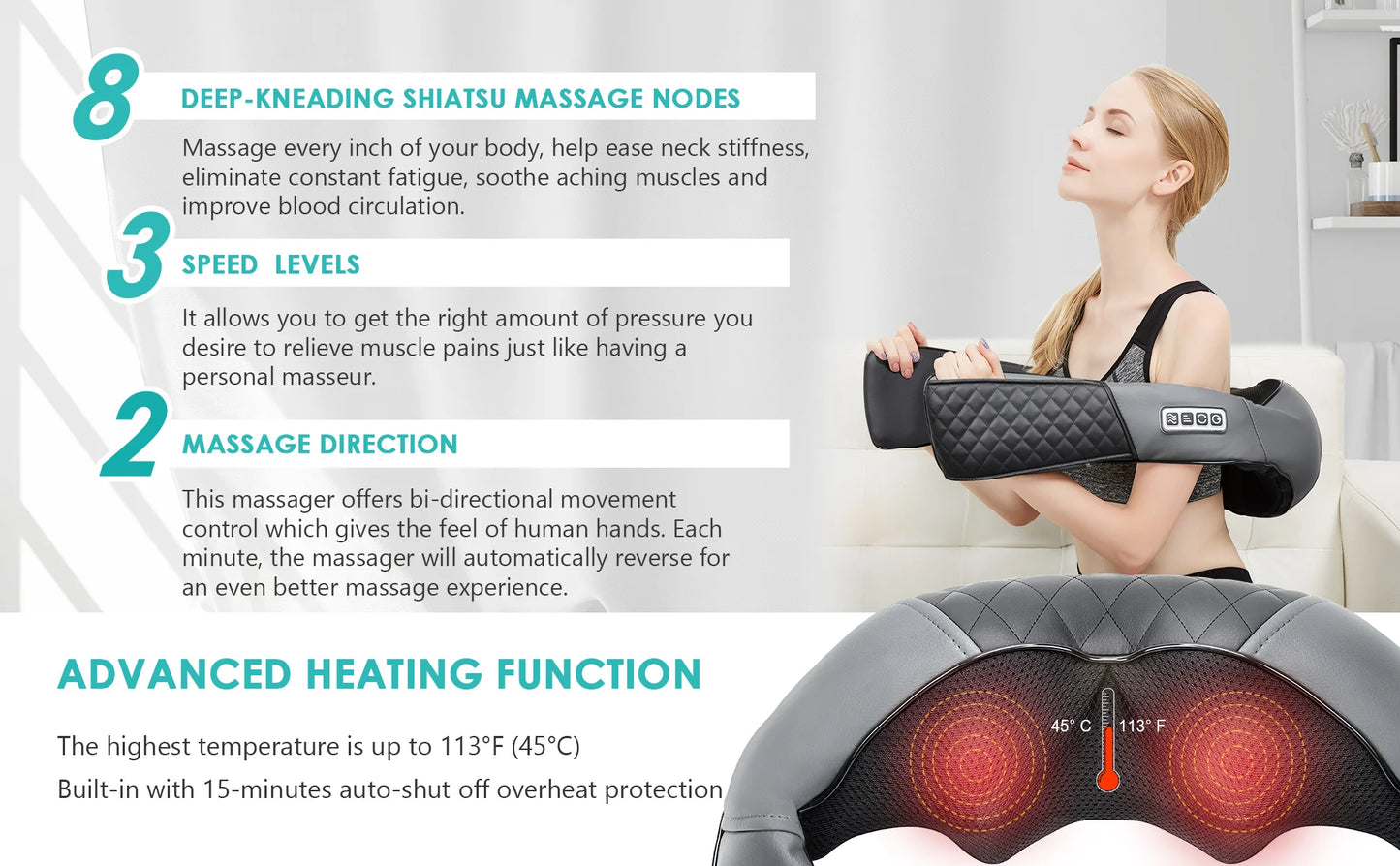 Medcursor Shiatsu Neck & Shoulder Massager with Heat — Deep Kneading Back & Neck Massager