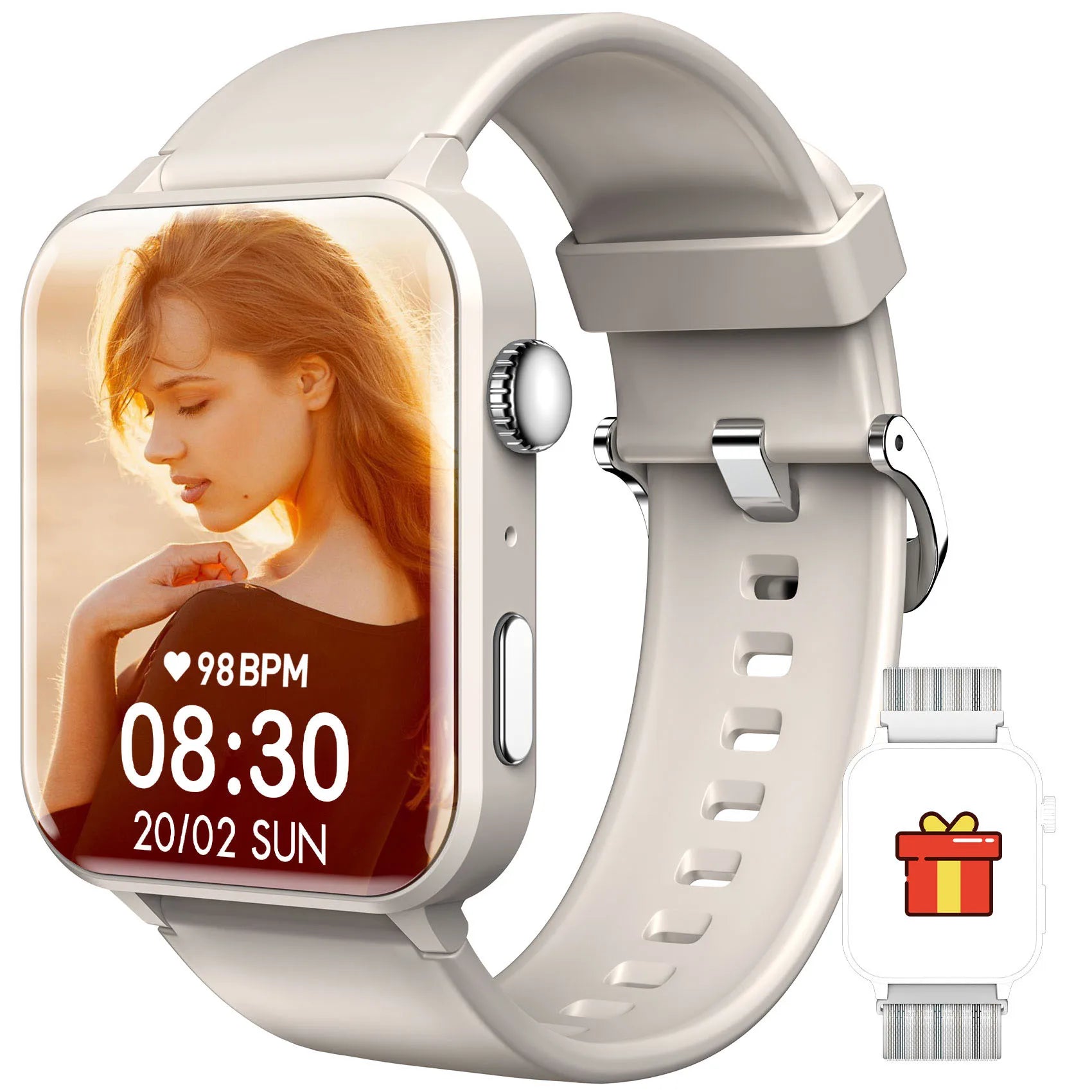 Smartwatch with a display showing a woman's profile, heart rate, and time on a white background.