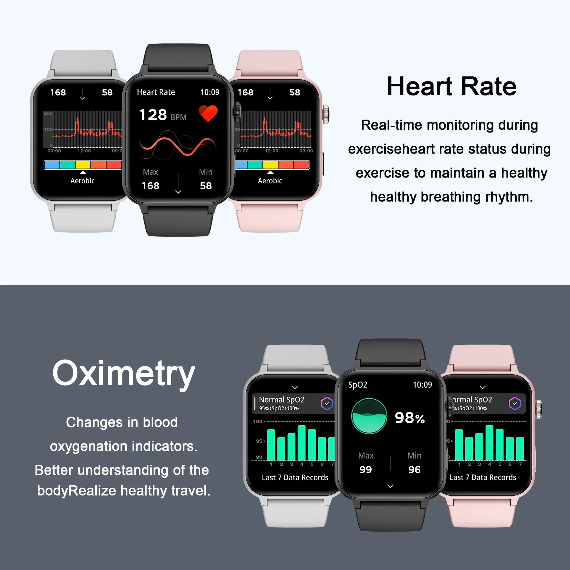Smartwatches with heart rate and oximetry monitoring features on a gray background.