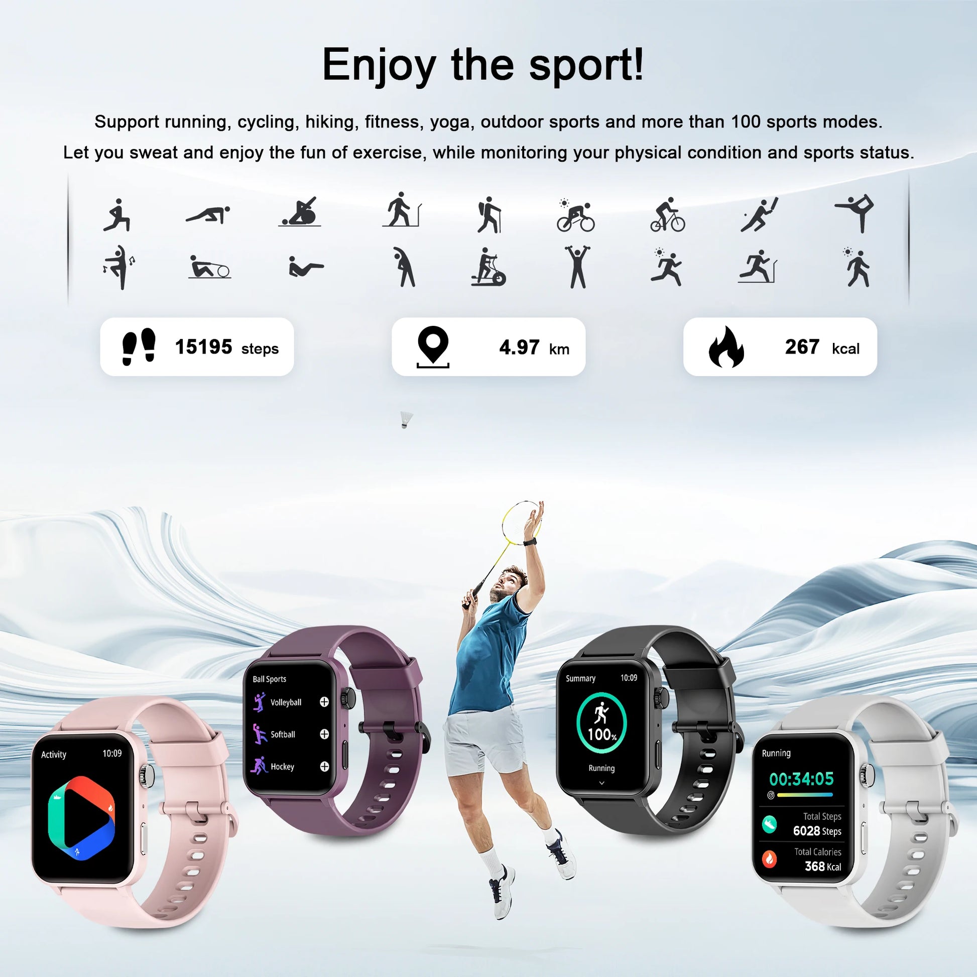 Smartwatches with fitness tracking features and icons on a blue background