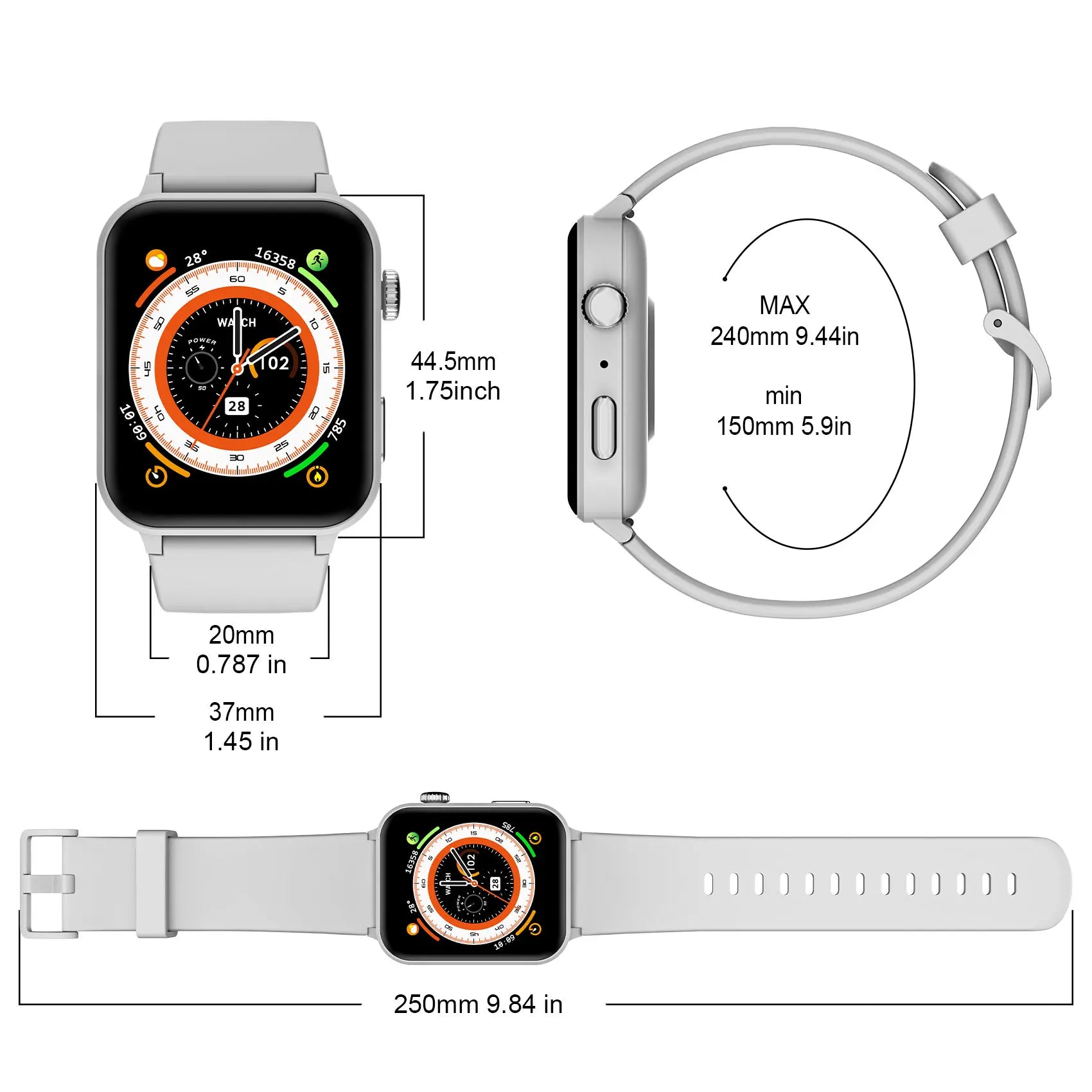 Smartwatch with detailed measurements on a white background