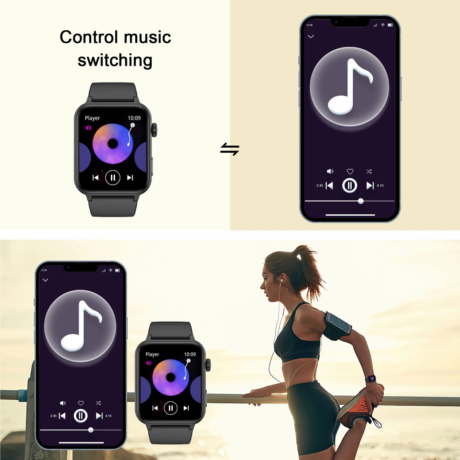 Smartwatch and smartphone displaying music control interface with a person exercising outdoors.