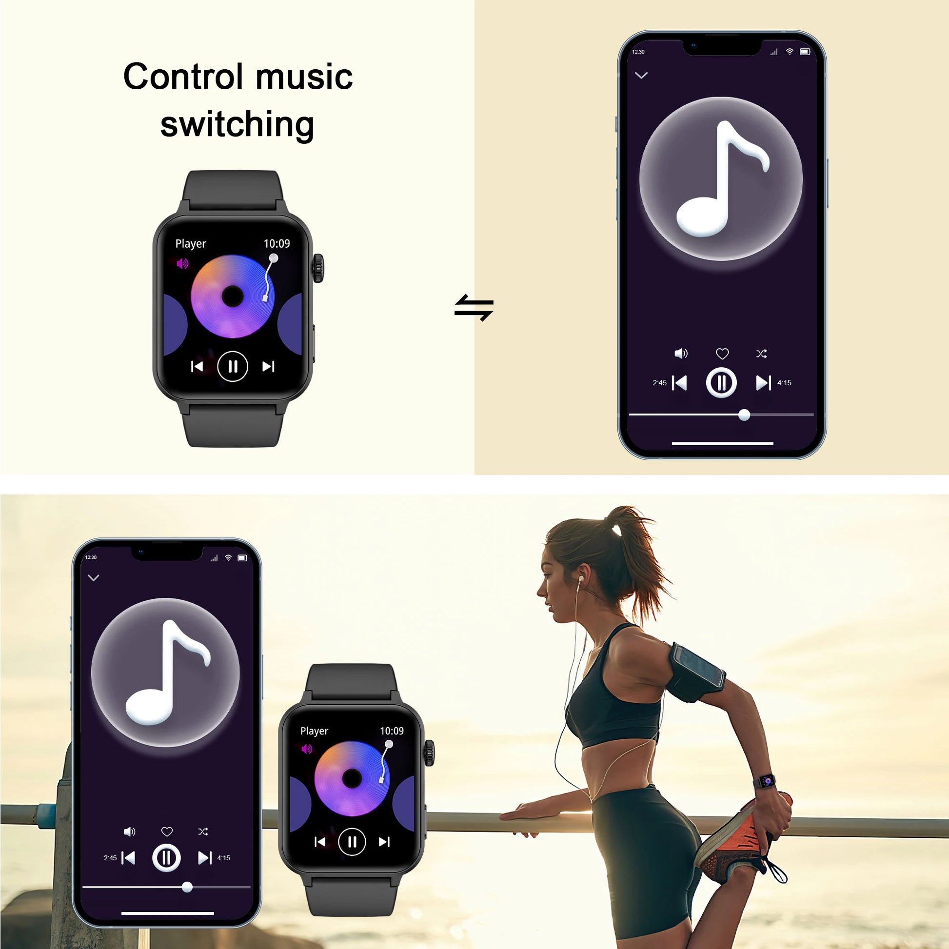 Smartwatch and smartphone displaying music control interface with a person exercising outdoors.