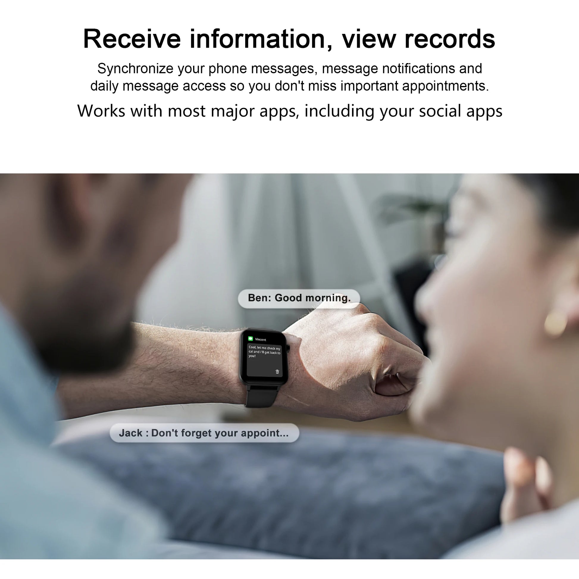 Smartwatch being used to receive a message with text overlay on a white background