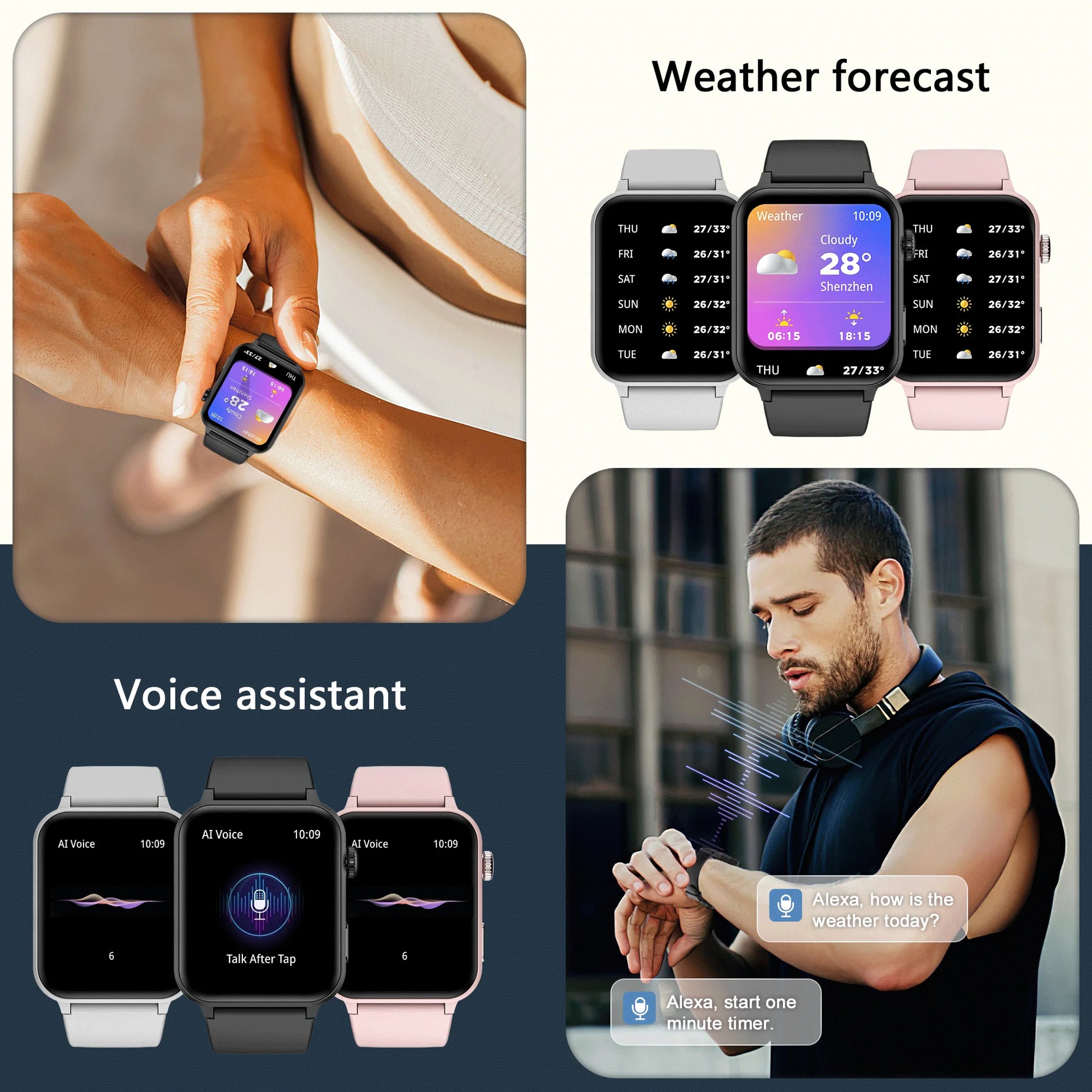 Smartwatch with weather forecast and voice assistant features, shown on a wrist and held by a person.