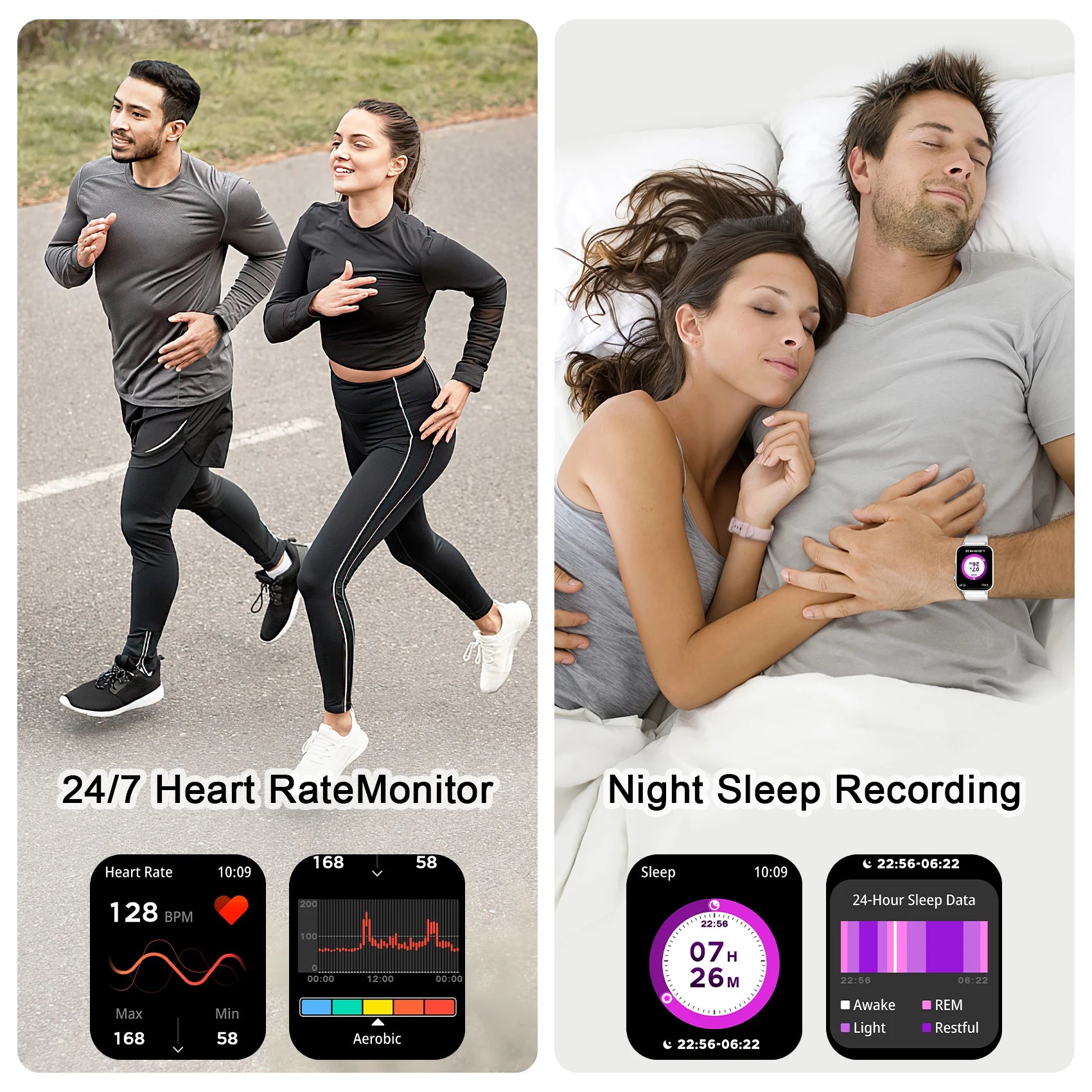 Two images showing a man and woman exercising outdoors with a heart rate monitor and a couple in bed with sleep tracking on a smartwatch.