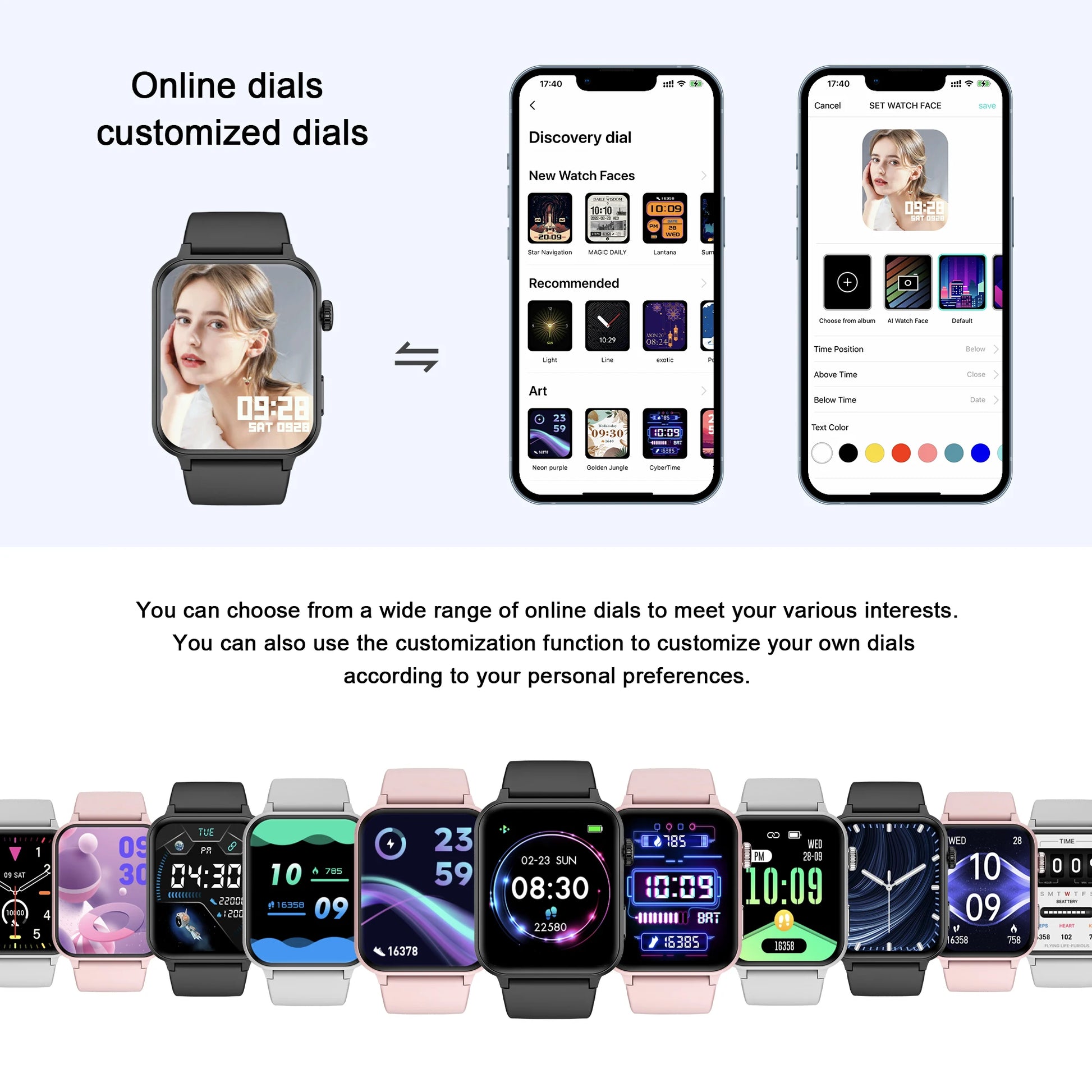 Smartwatch with customizable dials displayed on a smartphone screen, showing app interface.