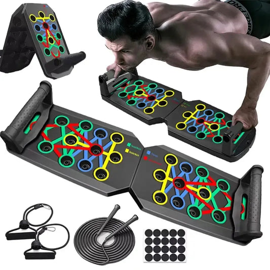 Person using the Color-Coded Push-Up Board for a home workout targeting multiple muscle groups.