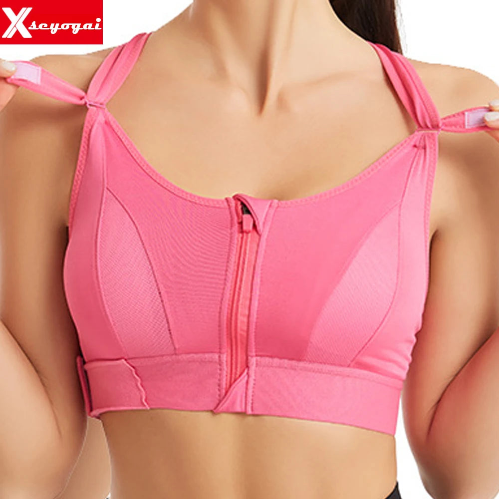 Women's Sports Bra Adjustable Belt Front Zipper Yoga Running Vest Shockproof