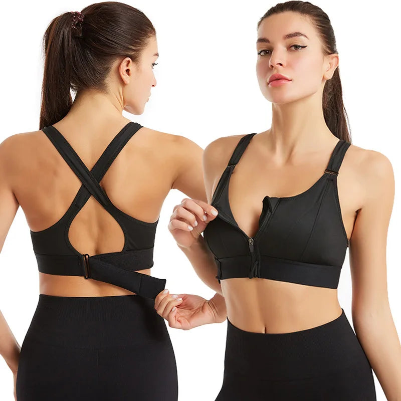 Women's Sports Bra Adjustable Belt Front Zipper Yoga Running Vest Shockproof