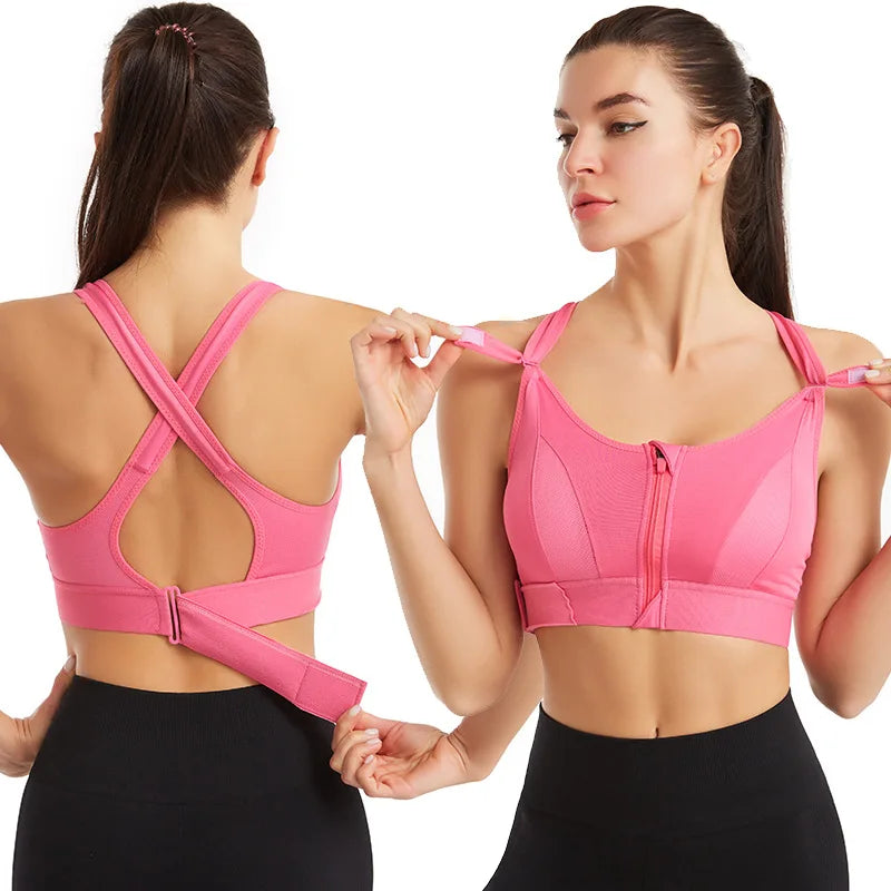 Women's Sports Bra Adjustable Belt Front Zipper Yoga Running Vest Shockproof