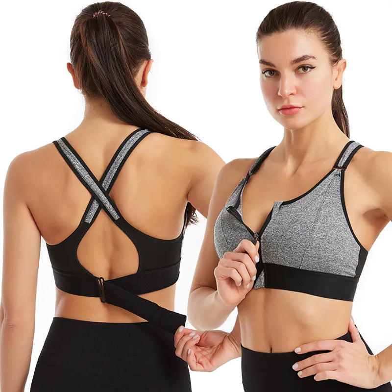 Women's Sports Bra Adjustable Belt Front Zipper Yoga Running Vest Shockproof