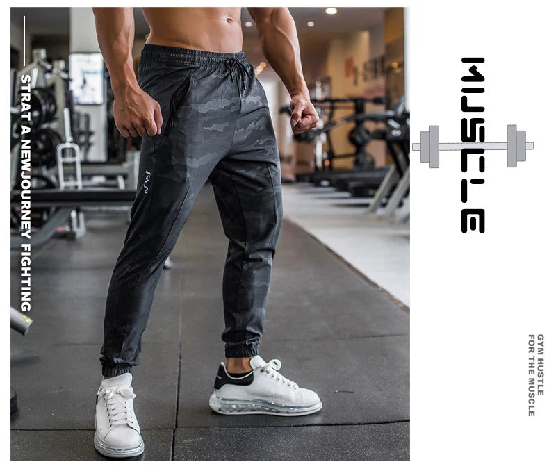 High Quality Camouflage Sweatpants Men Gym Fitness Sports Trousers Running Trackpants Elastic Dry Fit Zipper Pockets Long Pants