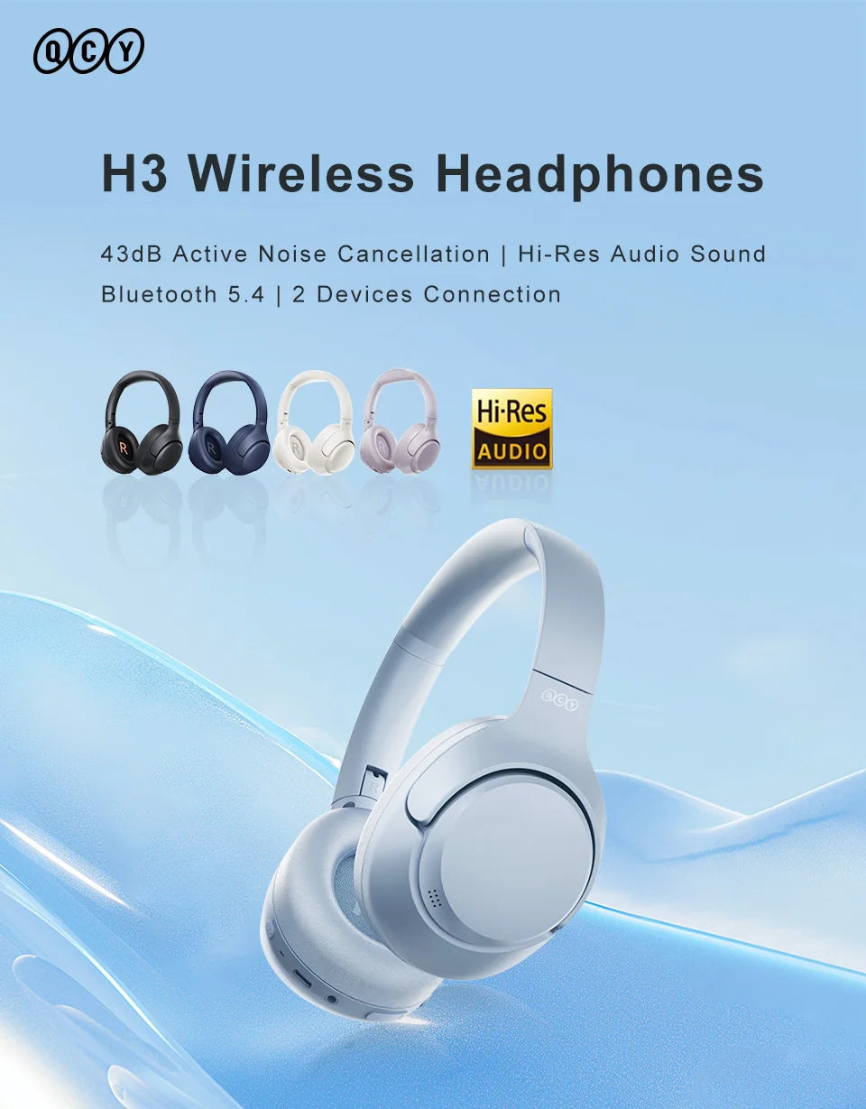 QCY H3 ANC Wireless Headphones Bluetooth 5.4 Hi-Res Audio Over Ear Headset 43dB Hybrid Active Noise Cancellation