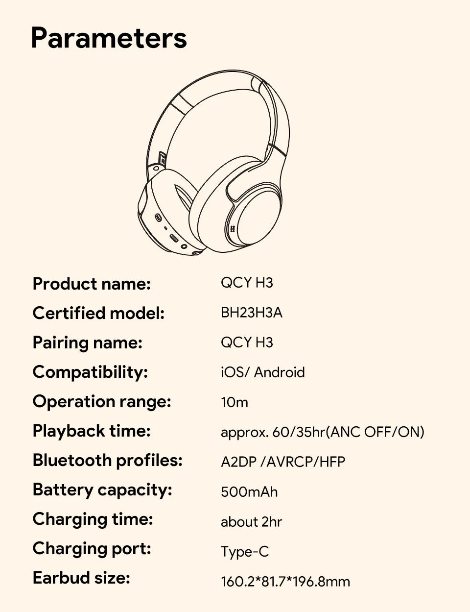 QCY H3 ANC Wireless Headphones Bluetooth 5.4 Hi-Res Audio Over Ear Headset 43dB Hybrid Active Noise Cancellation