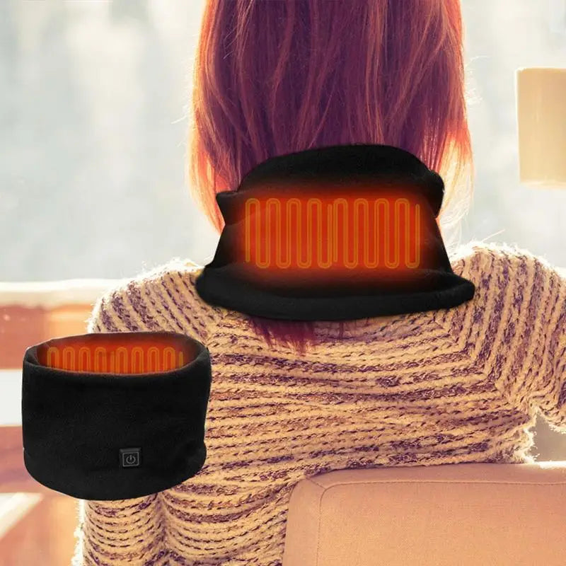 Person wearing a heated neck scarf with glowing orange heating elements.