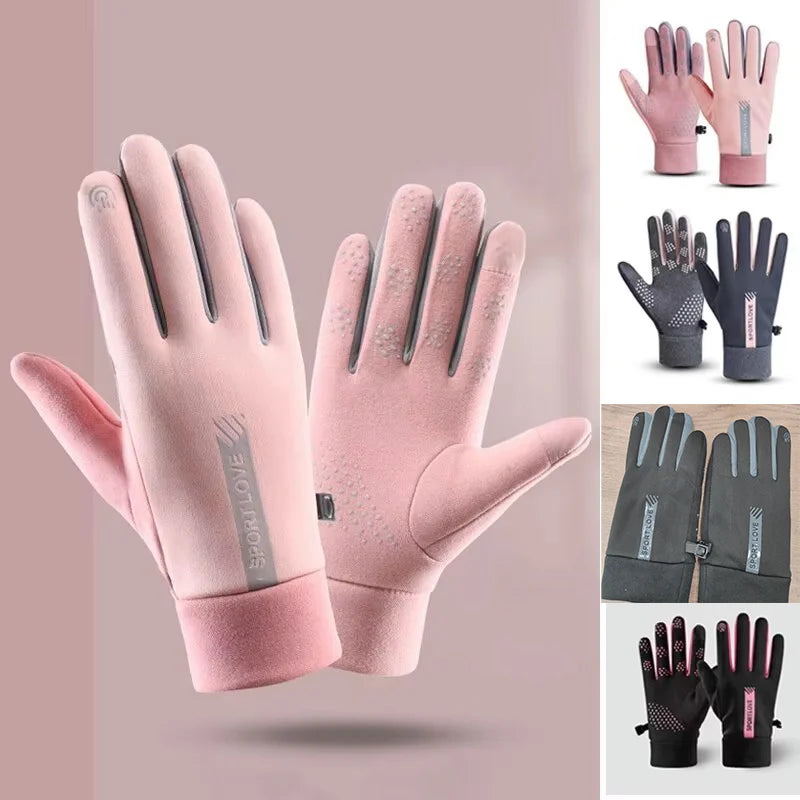 Different color options of women's winter gloves displayed.