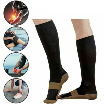 Black knee-high socks with brown toes and heels, worn by a person, with insets showing their use.