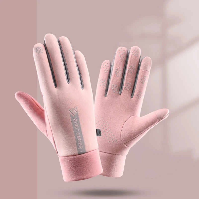 Women's warm waterproof running mittens in pink and grey.