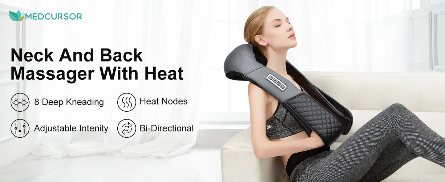 Medcursor Shiatsu Neck & Shoulder Massager with Heat — Deep Kneading Back & Neck Massager