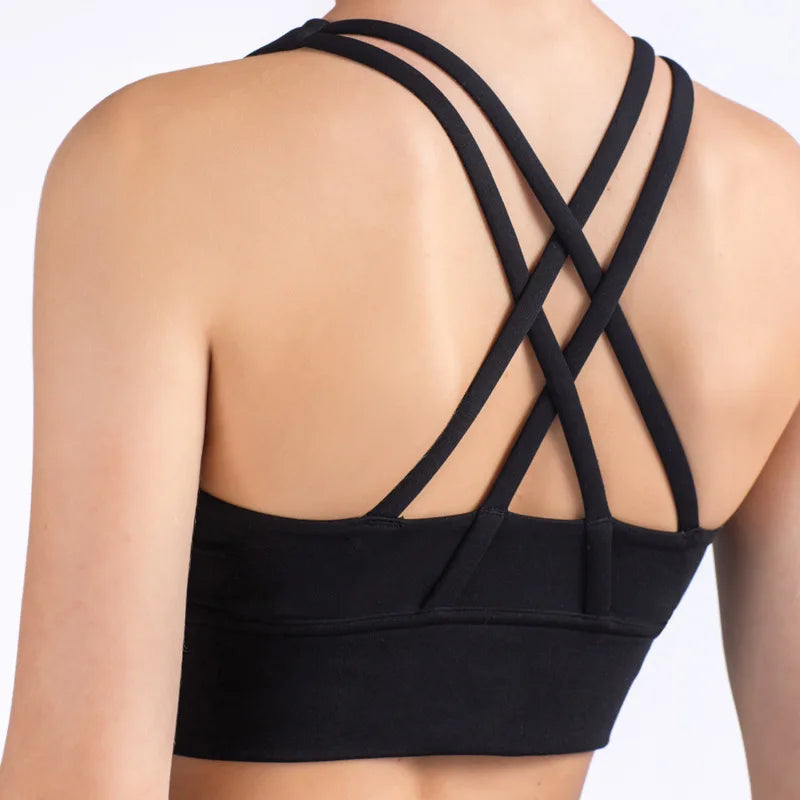 Solid Color Women Fitness Sports Bra Top Gym Yoga triangle backless Athletic Back Cutout Cross Tight Workout Soft With Chest Pad