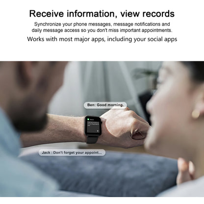 Smartwatch being used to receive a message with text overlay on a white background