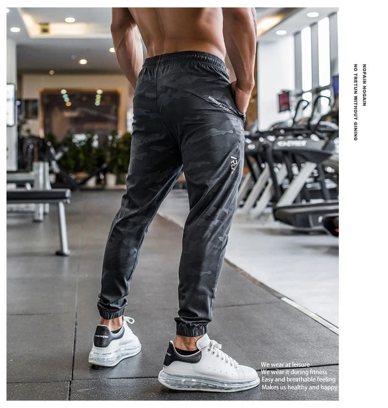 High Quality Camouflage Sweatpants Men Gym Fitness Sports Trousers Running Trackpants Elastic Dry Fit Zipper Pockets Long Pants